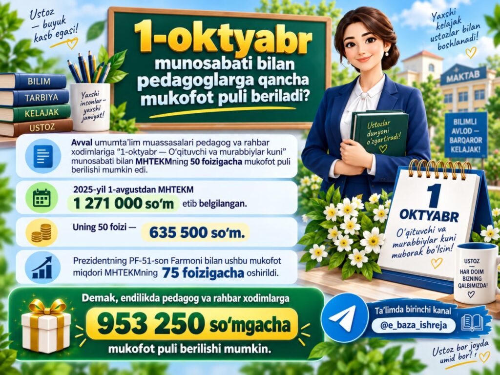 1-oktyabr (https://t.me/e_baza_ishreja)munosabati bilan pedagoglarga qancha mukofot puli olishadi?